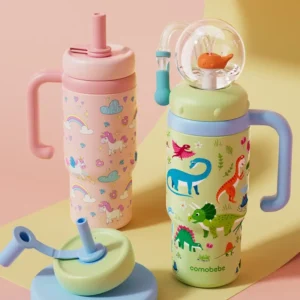 [COMOBEBE] 24oz Edelstahl-Walbrunnen, Becher mit Griff, zwei Deckel, auslaufsicher, spülmaschinenfest, süß und perfekt für Kinder, Jugendliche und Erwachsene